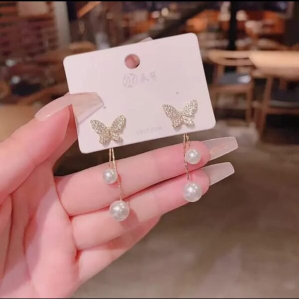 Pear Drop Butterfly Stud Earrings With Double Pearl Tassel 